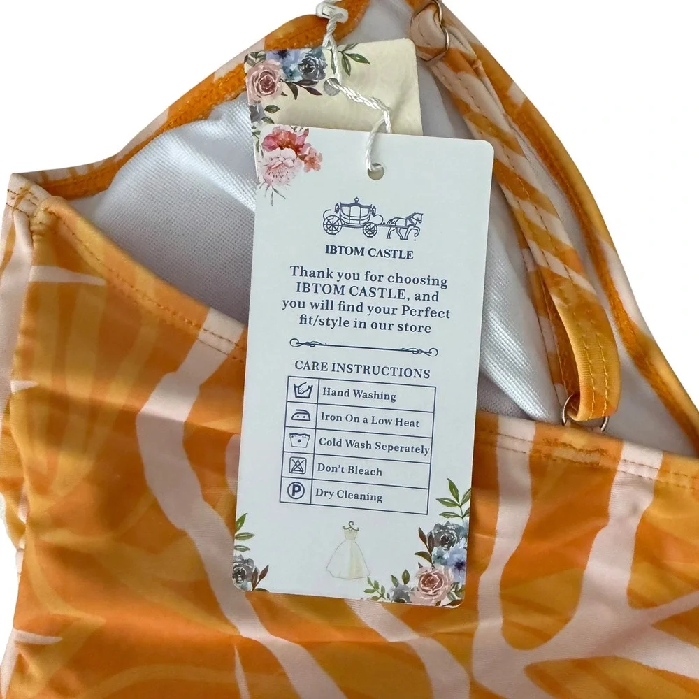 Florentine Swimsuit Set Womens L Orange New Palm Leaf Ruffle One Piece Sarong